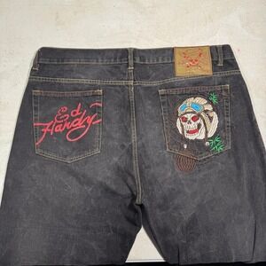 Y2K Ed Hardy Black Embroidered Skull Jeans Mens 42x33 Button Fly Baggy Grunge